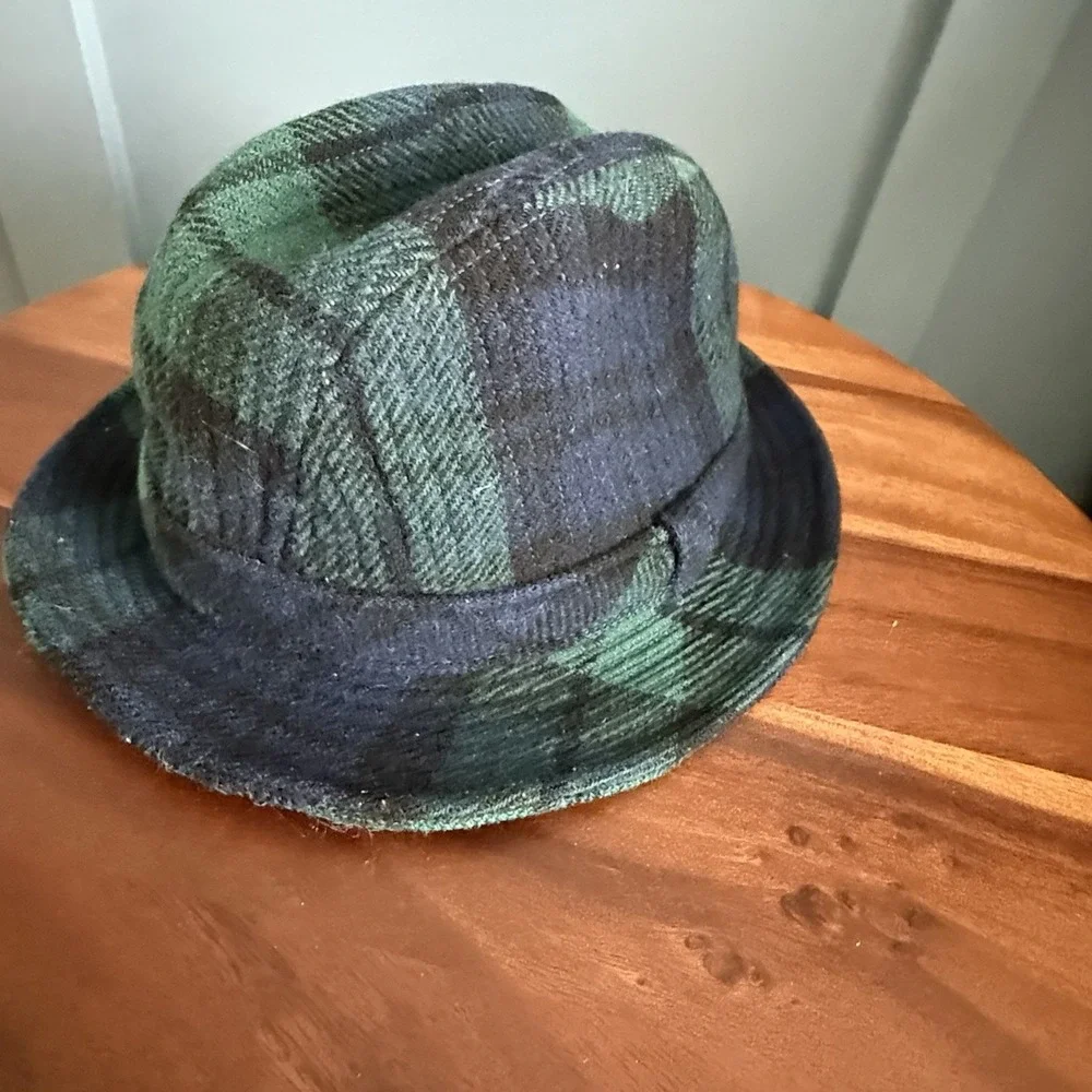 Vintage Pendleton 100% Virgin Wool Fedora Hat XL Blue Green Plaid Tartan USA F/W